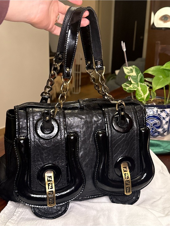 Fendi Handbags - Fendi B-Bag (2006) Black Patent & Leather Shoulder Bag with Gold Hardware